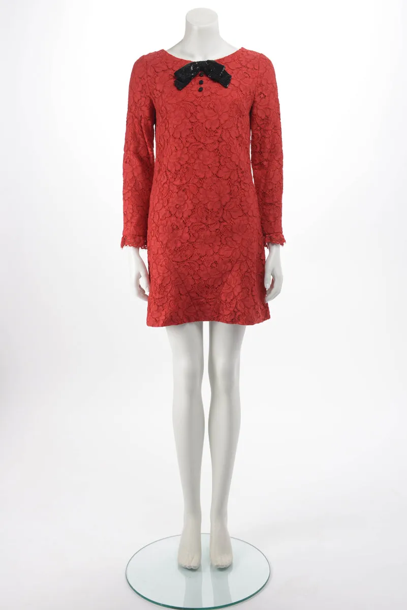 Saint Laurent Red Lace Sequin Bow Dress FR 36