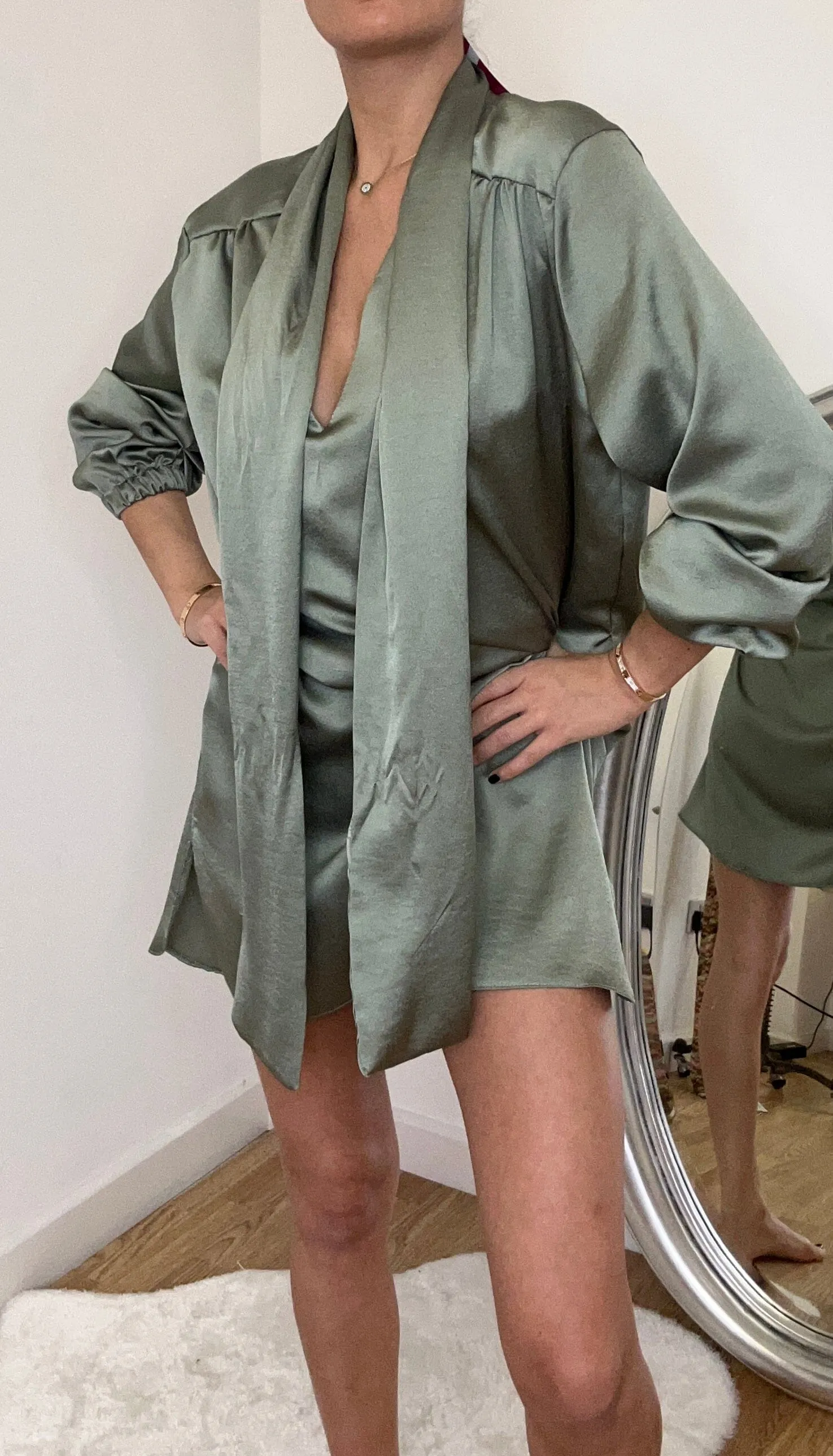 Satin Sage Green Tie Up Loose Dress