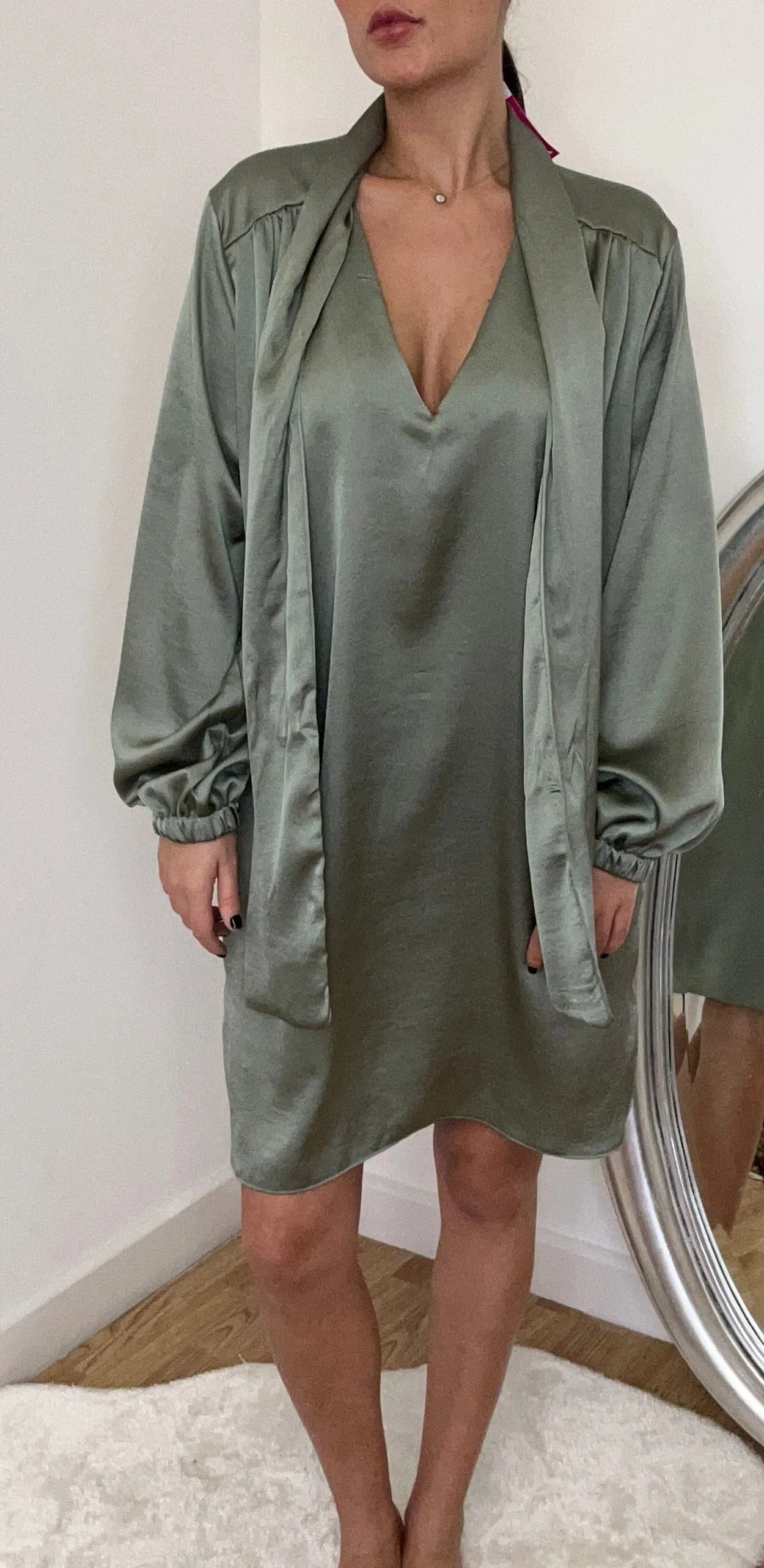 Satin Sage Green Tie Up Loose Dress