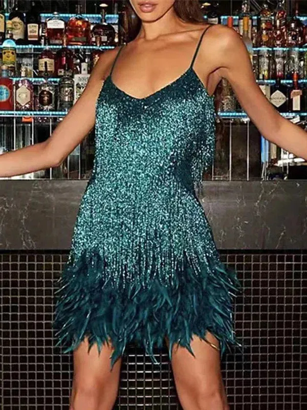 Sequin Fringe Mini Dress for Women - White Pink Blue Sleeveless Spaghetti Strap