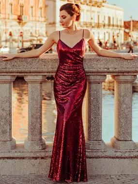 Sexy Spaghetti Straps Fishtail Sequin Wholesale Evening Gowns