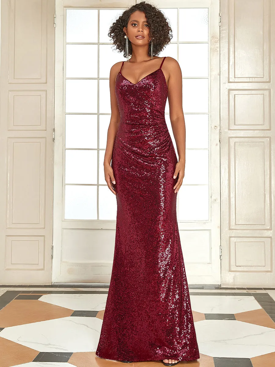 Sexy Spaghetti Straps Fishtail Sequin Wholesale Evening Gowns