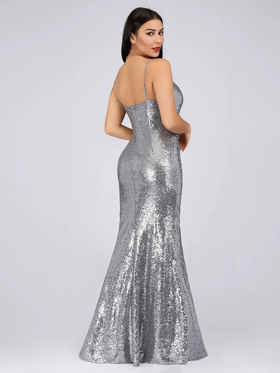 Sexy Spaghetti Straps Fishtail Sequin Wholesale Evening Gowns