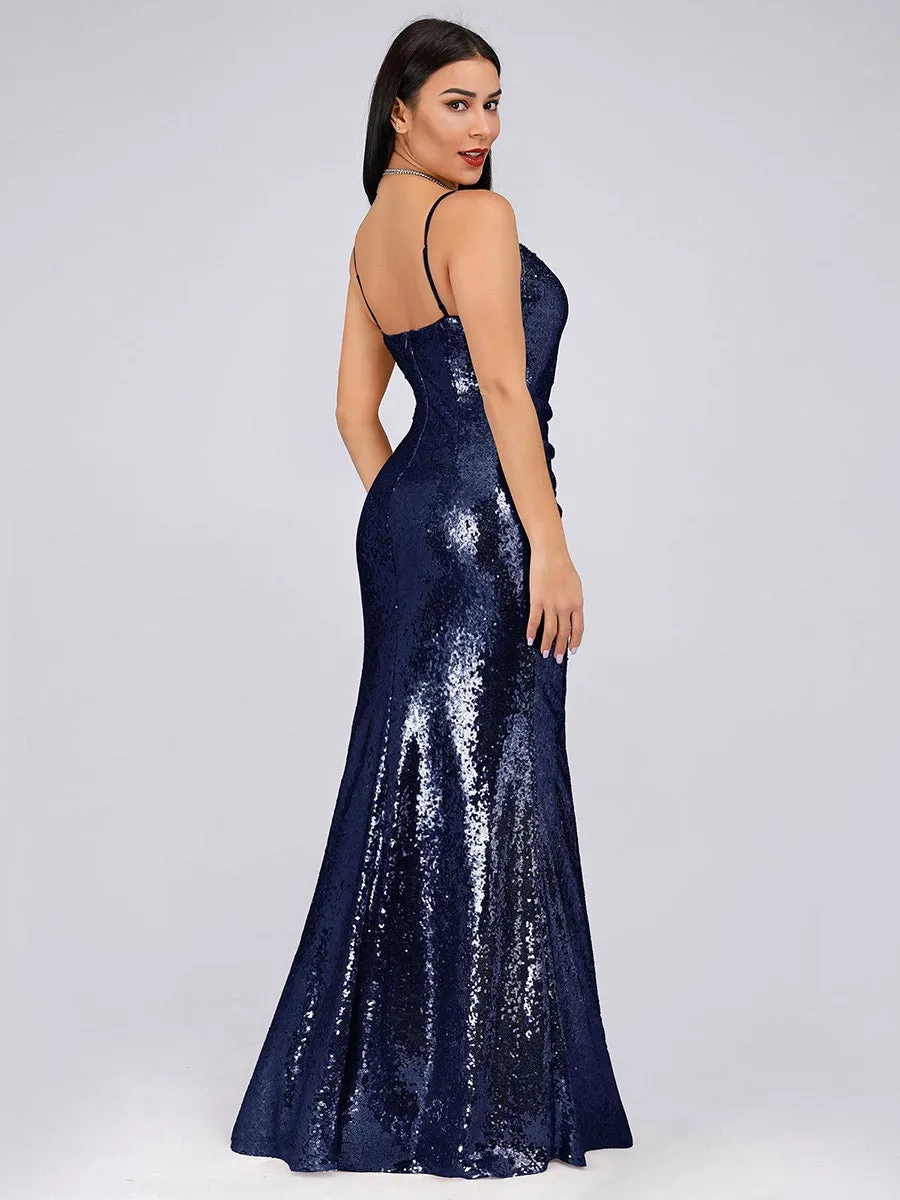 Sexy Spaghetti Straps Fishtail Sequin Wholesale Evening Gowns