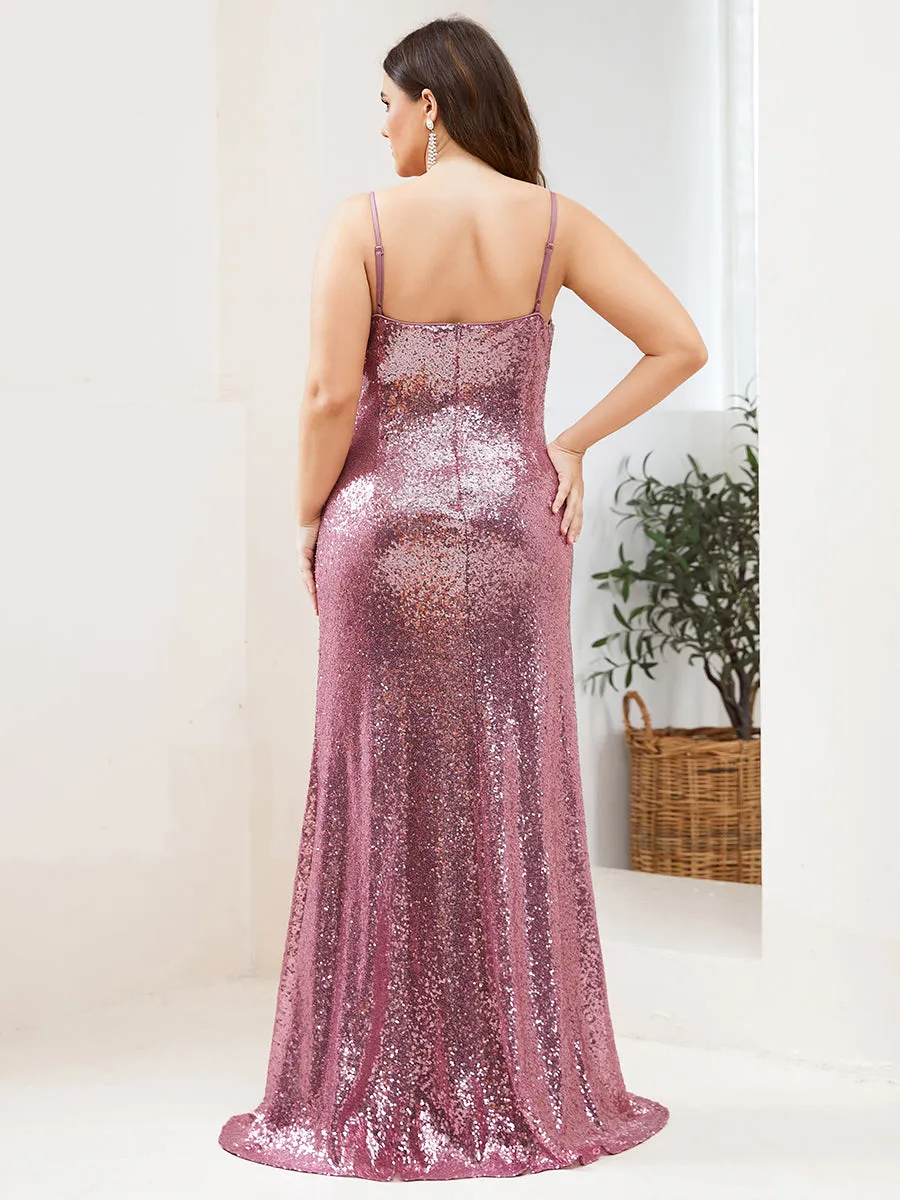 Sexy Spaghetti Straps Fishtail Sequin Wholesale Plus Size Evening Gowns