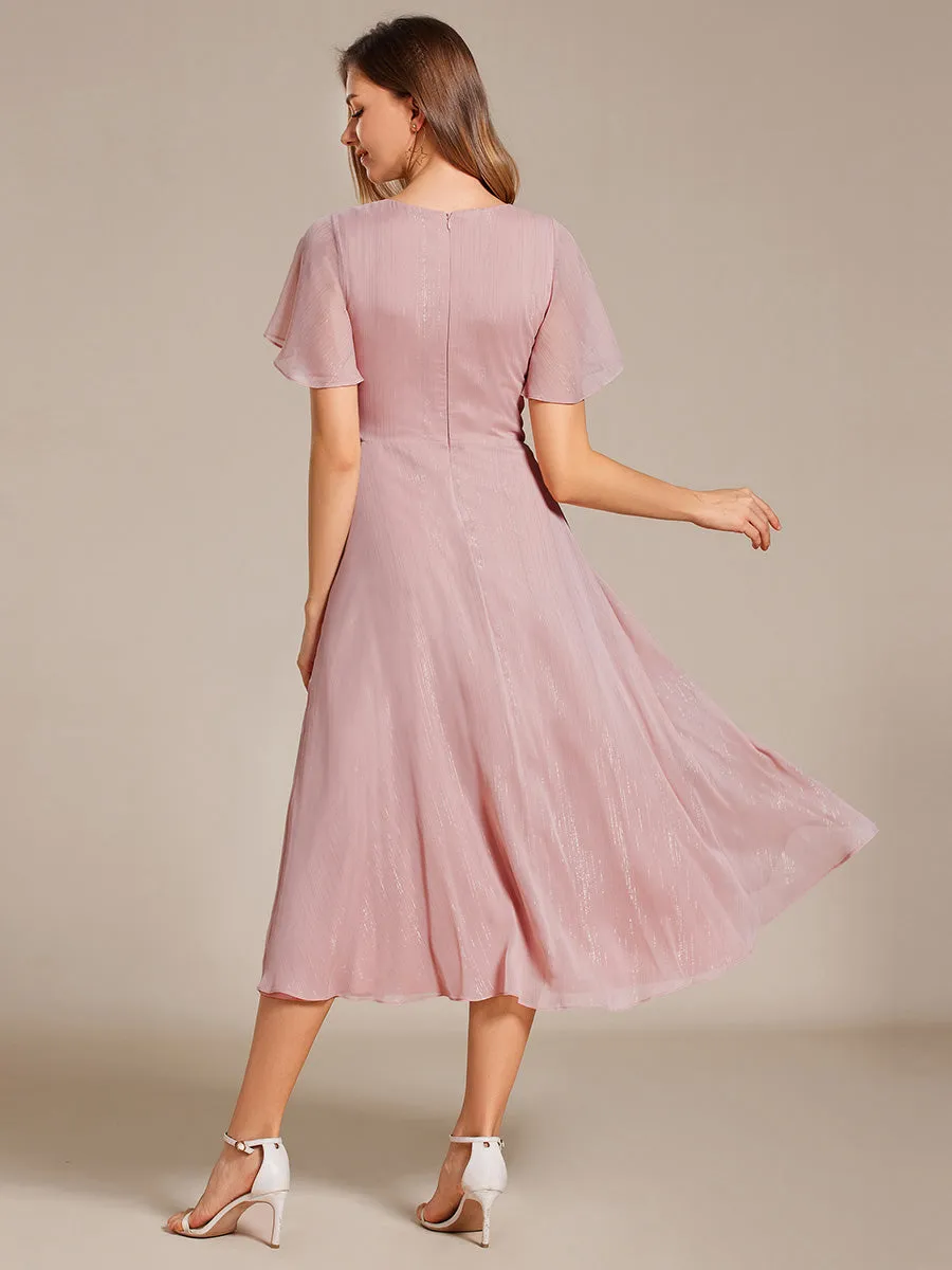 Shimmer V Neck Tea Length Wedding Guest Dress With Short Sleeves