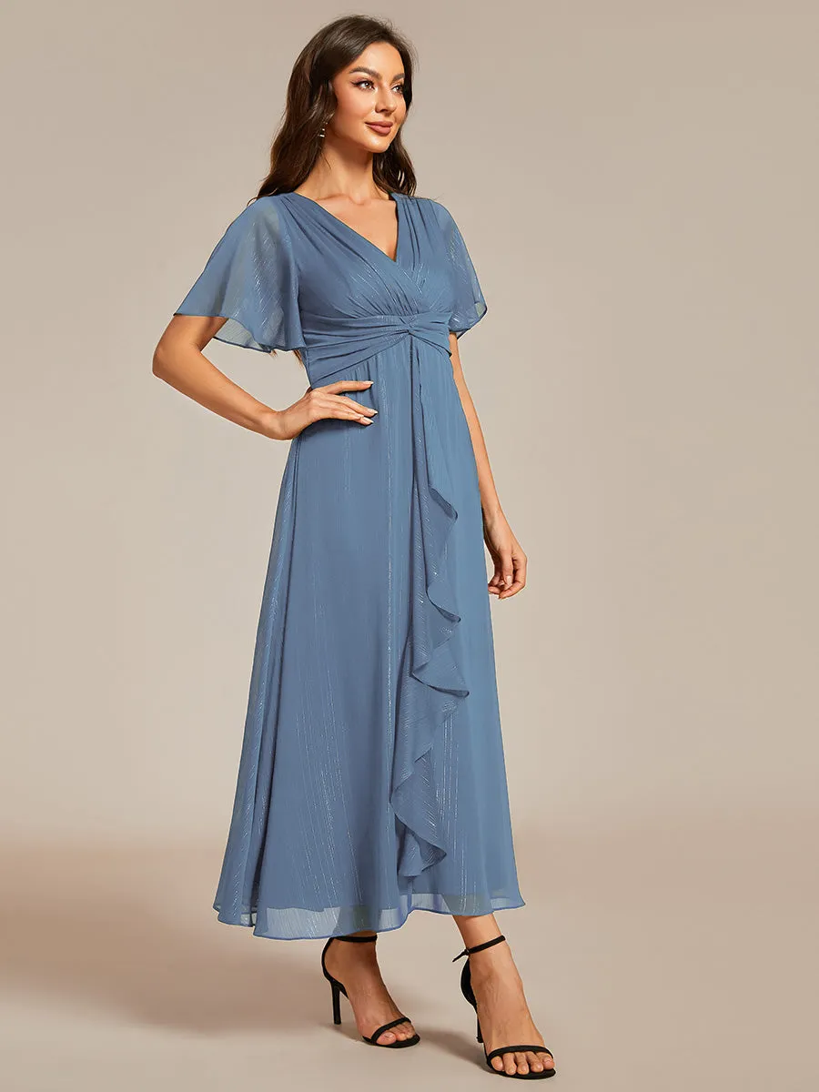 Shimmer V Neck Tea Length Wedding Guest Dress With Short Sleeves