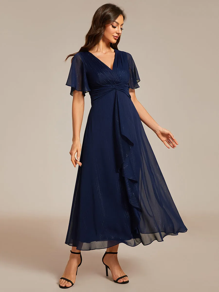 Shimmer V Neck Tea Length Wedding Guest Dress With Short Sleeves