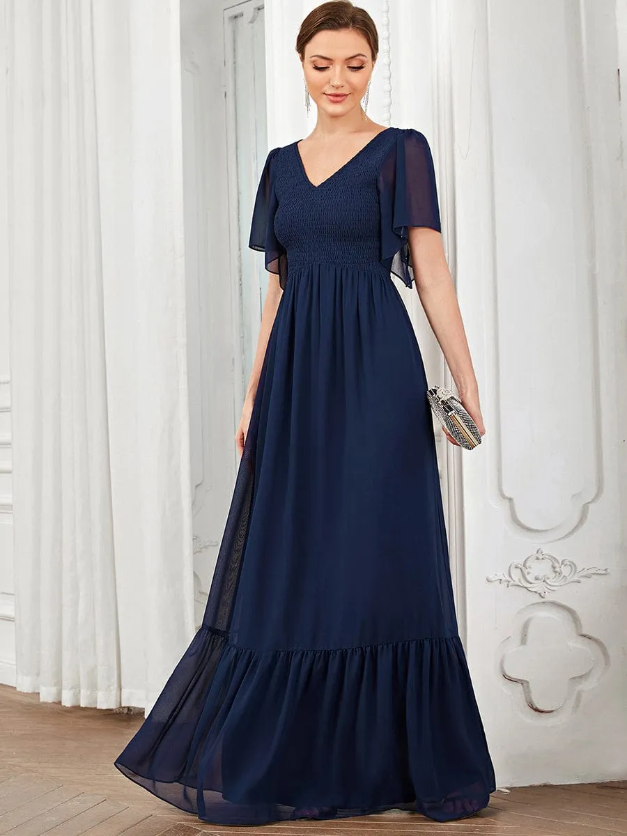 Short Sleeve V-Neck Shirred A-Line Evening Dress