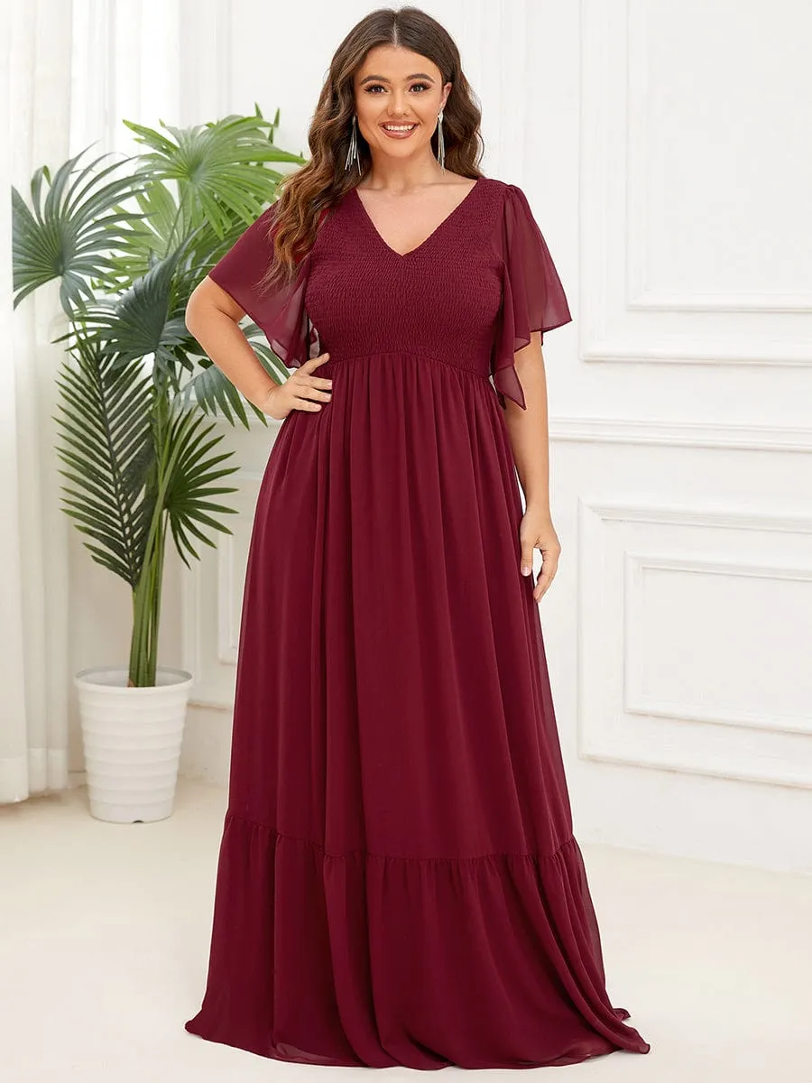 Short Sleeve V-Neck Shirred A-Line Evening Dress