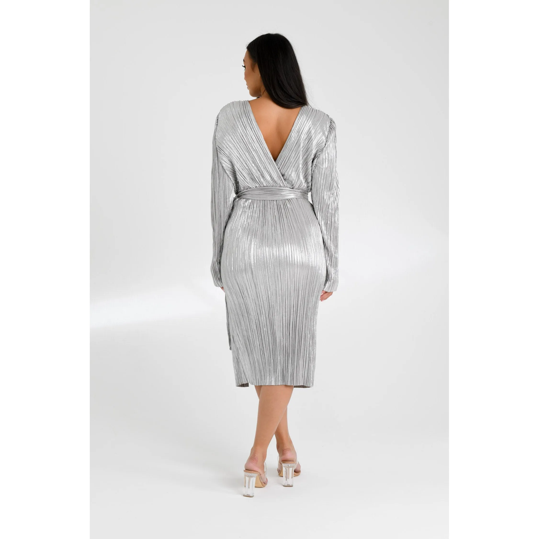 Silver Plisse Midi Dress