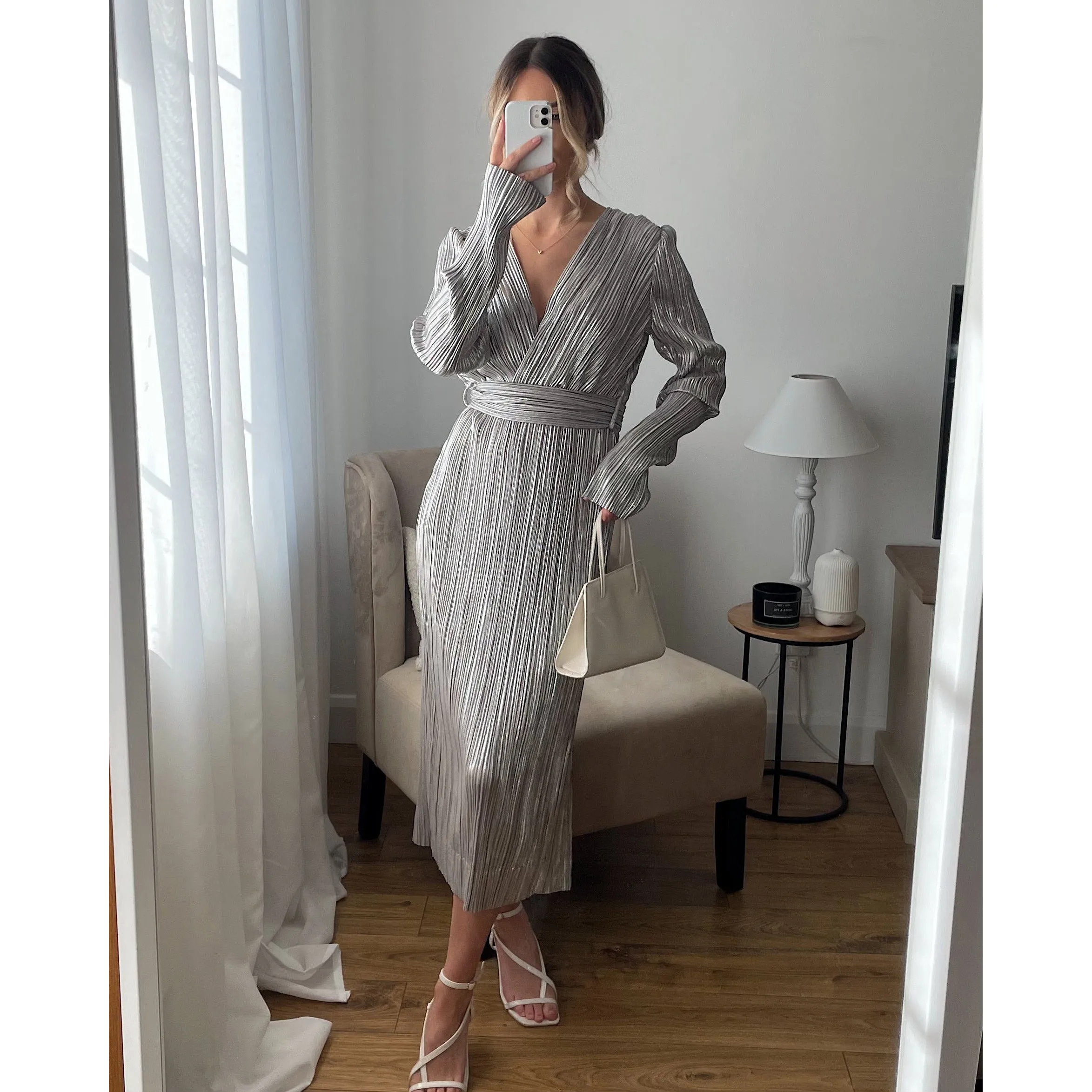 Silver Plisse Midi Dress