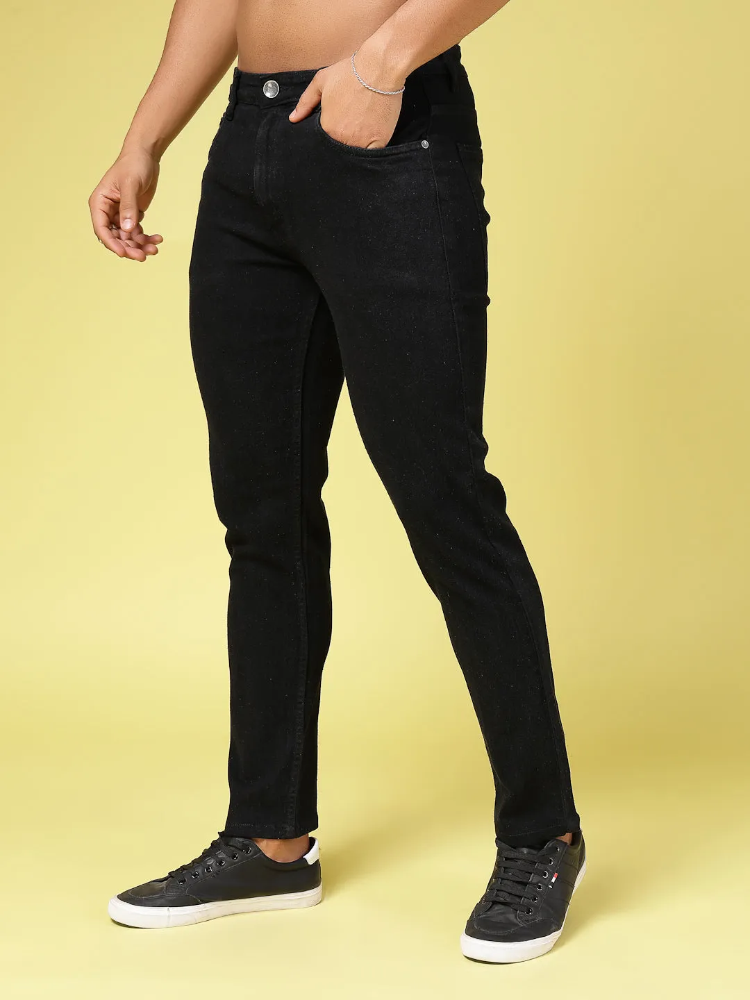 Solid Slim Fit Button Zipper Jeans