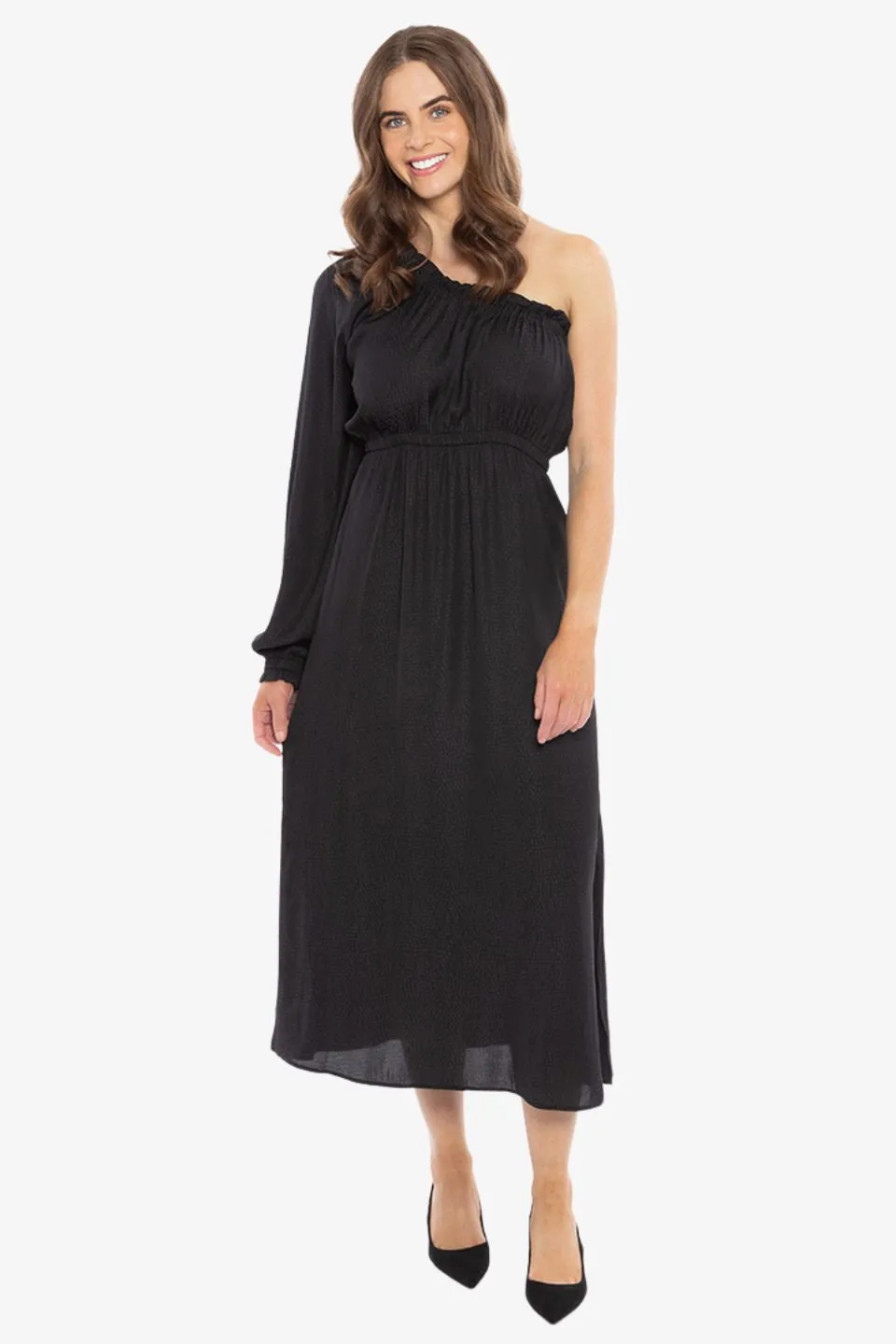 Streamlined Black Self Spot One Sleeve Midi Dress