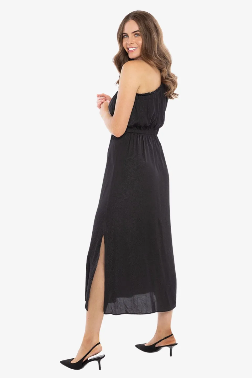 Streamlined Black Self Spot One Sleeve Midi Dress