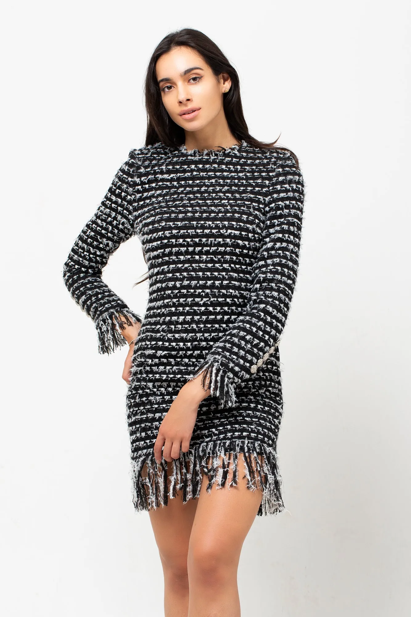 TASSEL B/W SILVER BUTTON DRESS