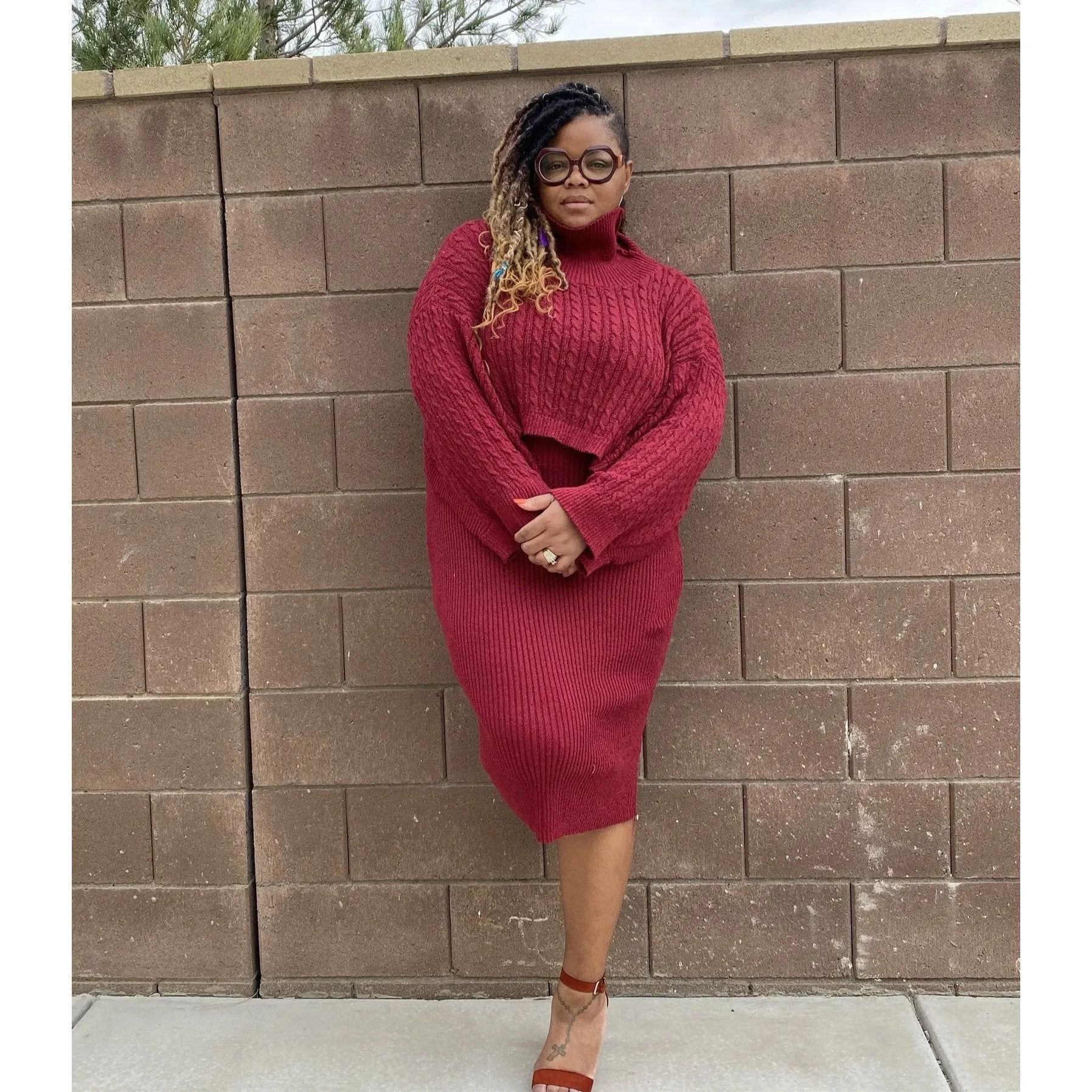 The Kara 2 Piece Burgundy Knit Dress Set