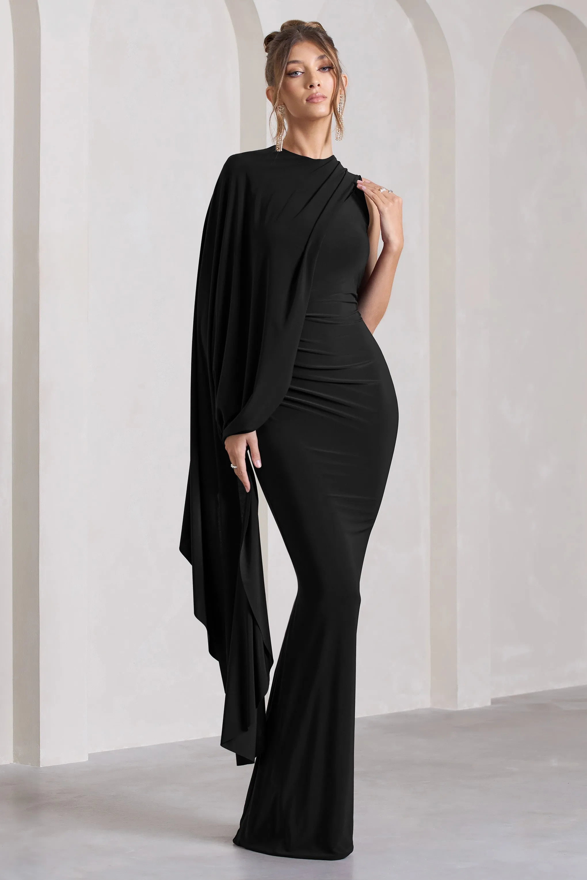 Unveil | Black One-Sleeve Cape Maxi Dress