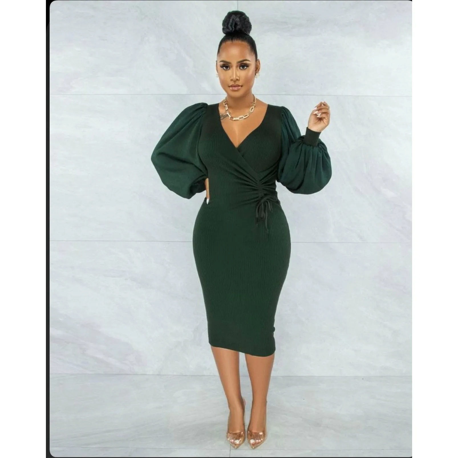 V-Neck Puff Sleeve Bodycon Dress