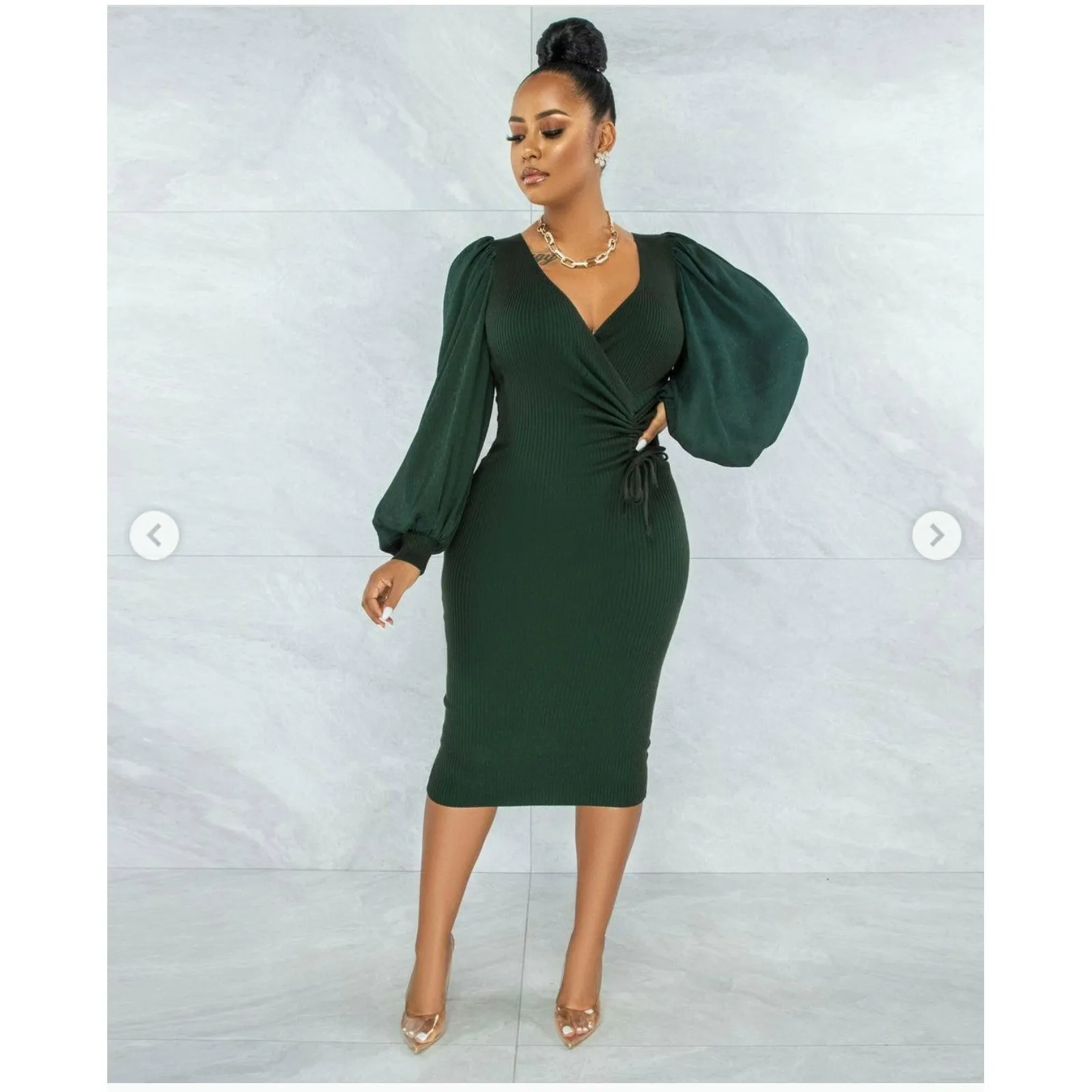 V-Neck Puff Sleeve Bodycon Dress