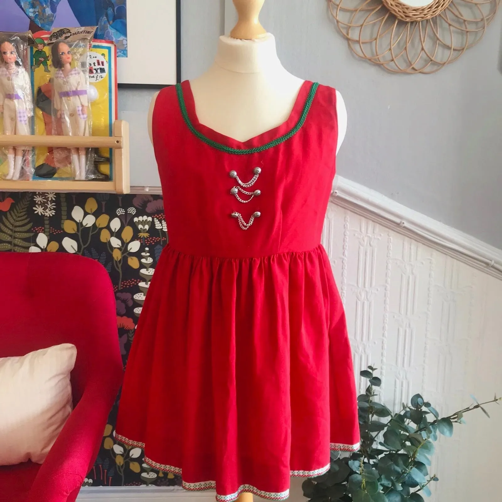 Vintage 1970's Red Austrian Girl Dress  10-12Y