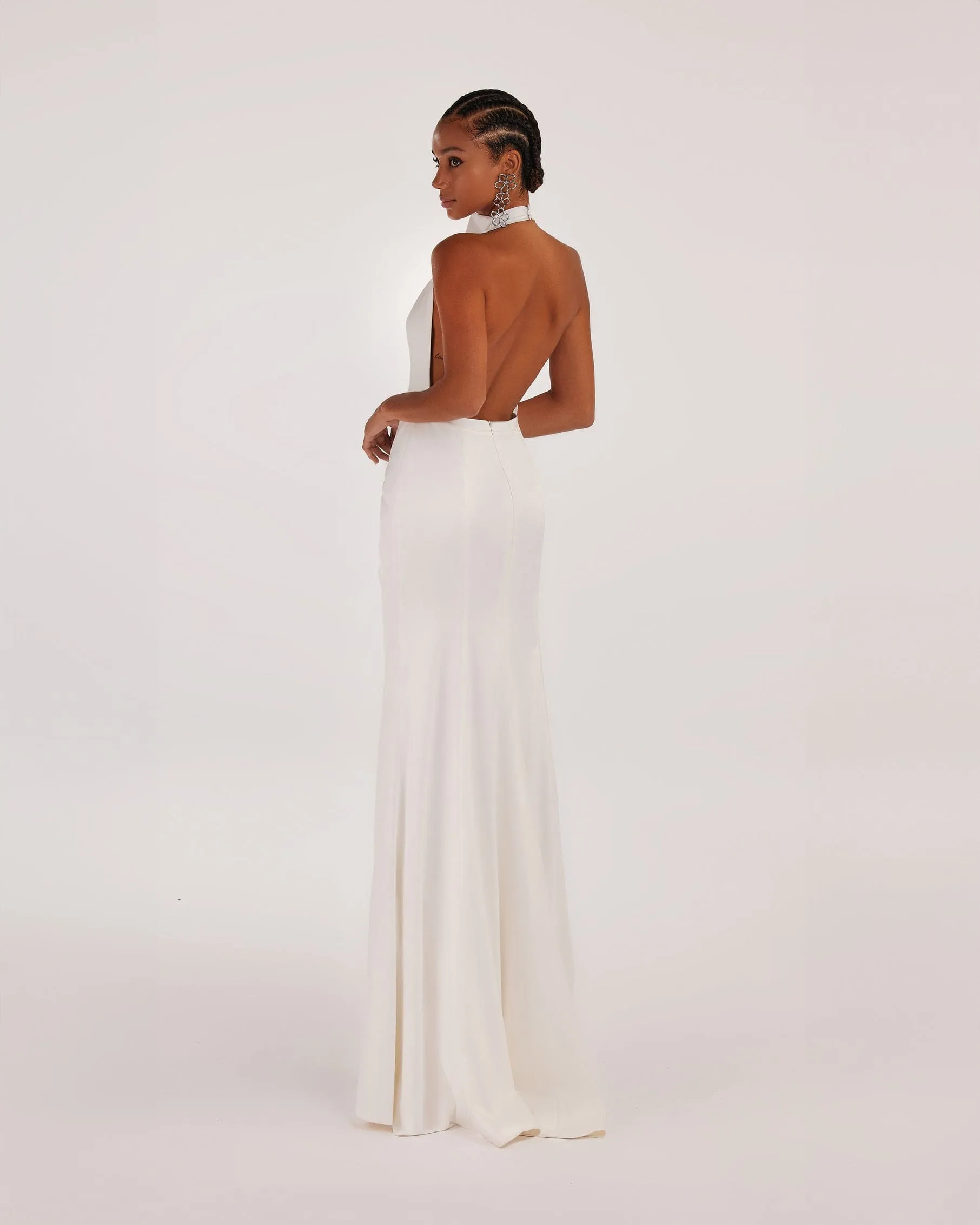 White Mock neck sleeveless low slit dress