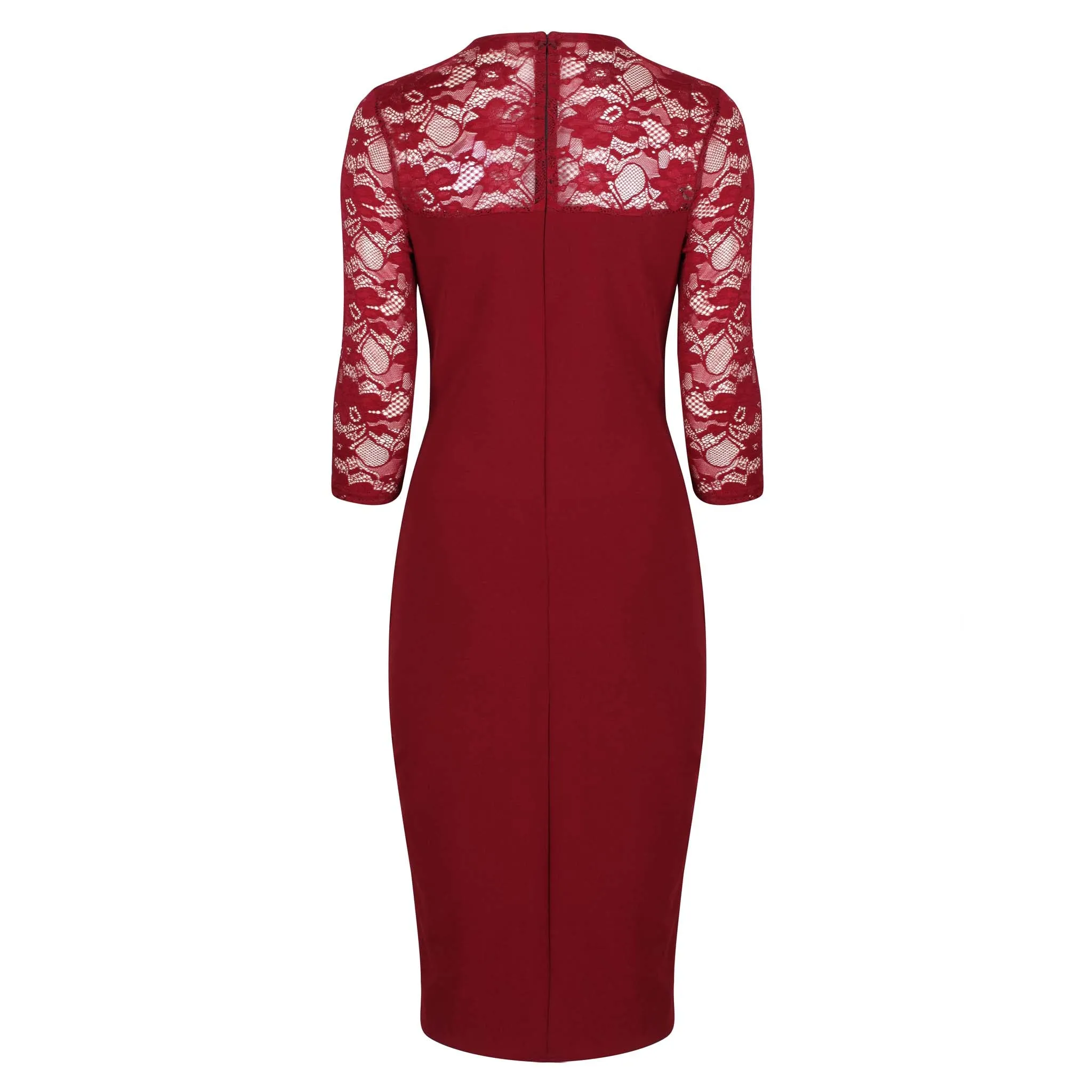 Wine Red Vintage Lace Detail Bodycon Midi Dress