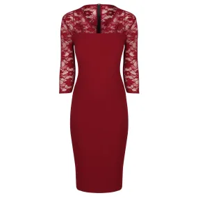 Wine Red Vintage Lace Detail Bodycon Midi Dress