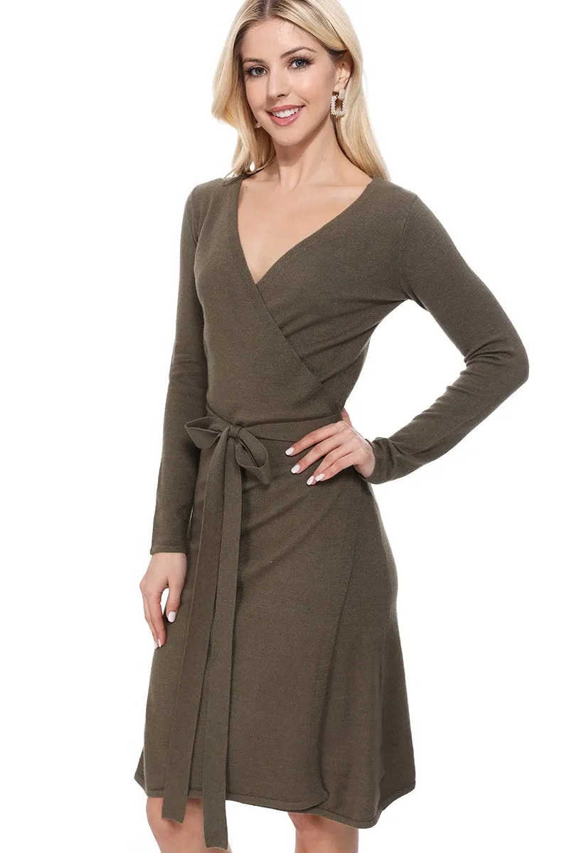 Yemak Women's V-Neck Long Sleeve Belted Wrap Sweater Dress MK6008